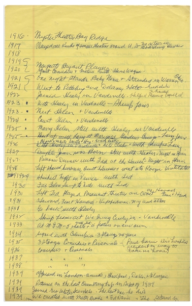 Moe Howard's Handwritten Manuscript Created for His Autobiography -- Timeline of Important Events from 1916-1970